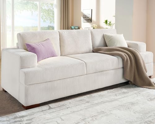 VanAcc 89in Comfy Couch, 3 Seater Sofa with Wood Legs, Deep Seat Sofa- White Corduroy Modern Couch for Living Room