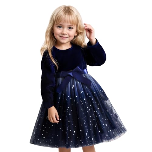 JiAmy Vestido de manga larga de terciopelo con lentejuelas y lentejuelas para niñas, para Navidad, cumpleaños, fiesta, princesa, otoño e invierno, ropa para niñas de 3 a 7 años, azul marino, 3 años