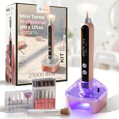 VIRELMA® Torno para Uñas Profesional Inalambrico 25000RPM – Lima Eléctrica con Luz UV, Base antideslizante y Pantalla LED | Recargable y portatil para Manicura y Pedicura en Casa o Viajes