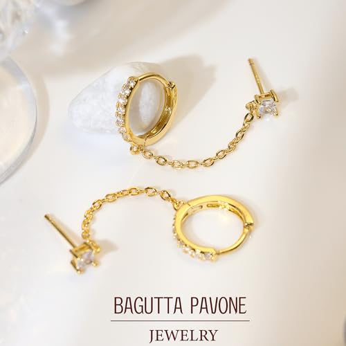 Double Piercing Chain Earrings for Women 18K Gold Plated S925 Sterling Silver Dangle Chain Huggie Hoop Earrings with Cubic Zirconia Stones Simulated CZ Stud Earrings4