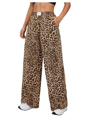 OYOANGLE Women's Leopard Wide Leg Pants Letter Patched Elastic High Waist Cheetah Print Trousers