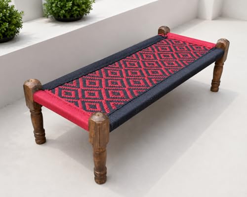 Image of Handwoven Wooden Bench | Traditional Rope Charpai Stool | Solid Wood Frame Seating for Living Room, Balcony & Outdoor | Durable & Stylish Design (Black & Red Finish)