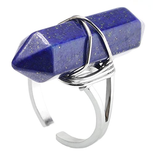 JEWELRIESHOP Unisex Wire Wrapped Hexagonal Pile Good Luck Gemstone Crystal Adjustable Ring, Power Healing