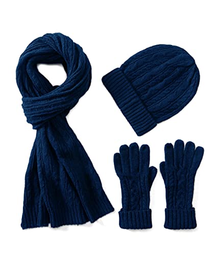 Villand 3 in 1 Womens Wool Hat Gloves & Scarf Winter Set, 3 Piece Cable Knitted Beanie Hat for Women with Gift Box, Navy Blue