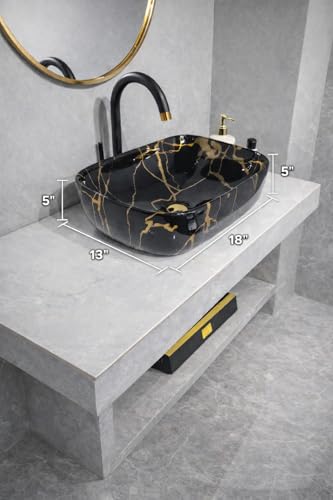 Image of Ceramic Tabletop Wash Basin - Glossy Rectangular Countertop Vessel Sink with Marble Finish for Bathroom & Vanity | Compact 18 x 13 x 5 Inch | Elegant Washbasin