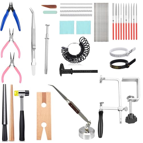 Enkreefi Jewelers Tools Set Ring Making Kit Includes Jewelers Saw with 144 Saw Blades Bench Pin Clamp Rings Sizer Measuring Tool Rubber Hammer Diamond Needle Files Jewelry Pliers