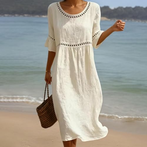 Robe d'été avec dentelle ajourée et finitions col rond chic