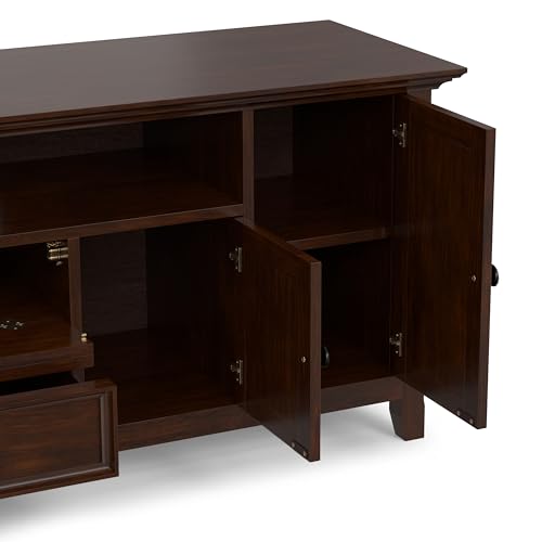 Image of SIMPLIHOME Amherst 72 inch Wide Solid Wood TV Stand in Russet Brown