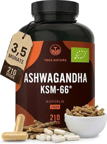 Bio Ashwagandha - KSM-66 Premiumrohstoff - 210 Kapseln - 600mg Tagesdosis - hochdosiert - original indische Schlafbeere - Vegan - Deutsche Produktion - TRUE NATURE