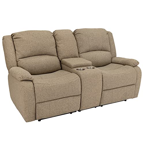 RecPro Charles 70' Double Recliner RV Sofa with Console and Cupholders | Zero Wall Loveseat for Camper | Wall Hugger Couch | Fifth Wheel Theater Seating | Replacement RV Furniture | Oatmeal Cloth