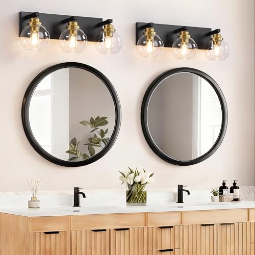 Image of LmnLvn Bathroom Light Fixtures, Farmhouse Black & Gold Metal with Globe | 3-Light Rustic Vanity Lights,Easy To Install, Mounted Over Mirror for Bathroom, Bedroom & Hallway