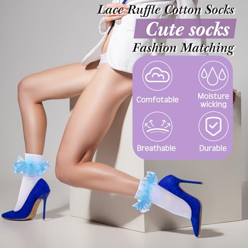 Image of Geyoga 3 Pairs Women Big Ruffle Socks Turn Cuff, Double Lace Ankle Cotton Frilly Socks for Ladies Summer