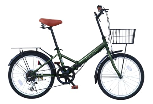 THREE STONE 折りたたみ自転車 自転車 20インチ AJ-08C 荷台付き シマノ6段ギア カゴ ライト ワイヤーロック錠 プレゼント 通勤 通学 街乗り (モスグリーン(荷台付き))