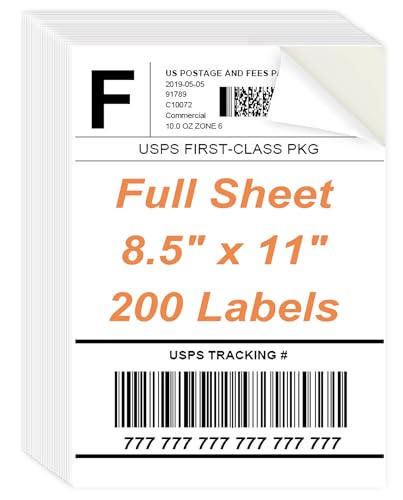 8.5 x 11 Sticker Paper for Inkjet Printer, 200 Sheets Full Sheet Printable White Sticker Paper for Laser Printing, Matte, All 200 Lables