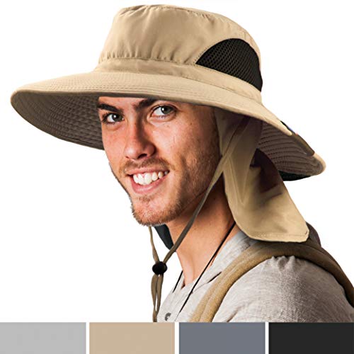 SUN CUBE Fishing Hat for Men, Women with Neck Flap | Hiking Boonie Hat with Wide Brim, Adjustable Chin Strap | Safari Summer Bucket Sun Hat | UPF 50+ Protection | Packable Breathable Mesh (Tan)