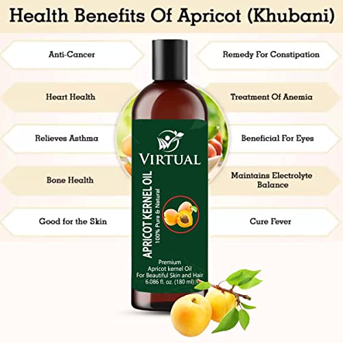 Image of VIRTUAL Pure Apricot Kernel Oil For Shine Hair, Skin Care, Moisturising Dry Skin & Cold Pressed Natural Oil (180ml)
