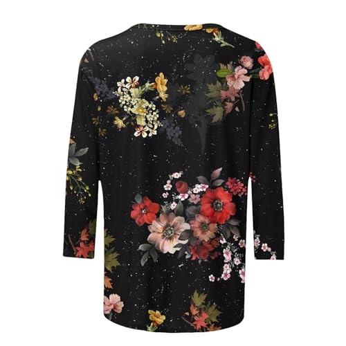 Camisetas femininas de manga 3/4 com estampa floral, gola redonda, casual, folgada, estampada, roupa