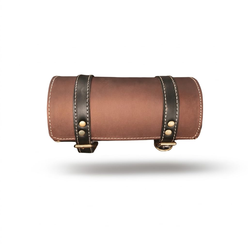 Faux Leather Bike Saddle Bag, Round Style Tool Pouch for RE Classic 350, Brown, 2 Strap Closure (Brown)-image-45
