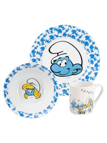 Los Pitufos set de desayuno para niños - vajilla 3 piezas plato, bol y taza de porcelana azul