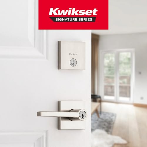 Image of Kwikset Halifax Square Front Door Lock Handle and Deadbolt Set, Entry Exterior with Interior Reversible Lever, Satin Nickel, Project Pack, Pick Resistant SmartKey Rekey Deadbolt Security