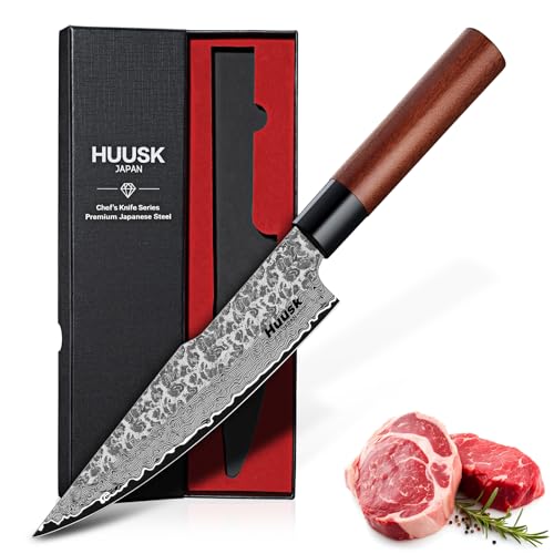Image of Huusk Japanese Chef Knife 7 inch - Hand Forged Butcher Knife for Meat Cutting | VG10 Damascus Gyuto Chef Knives with Rosewood Handle, Meat Cleaver Boning Knife for Kitchen Cooking, Gifts for Men