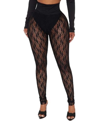 Image of Women's Sexy See Through Sheer Mesh Pants Leggings High Waist Casual Sweatpants Tights