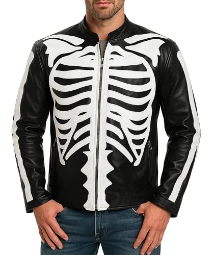 LP-FACON Mens Skeleton Bones Black Leather Jacket - Punk Vintage
