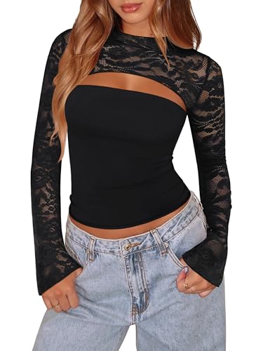 Women's Lace Long Sleeve Going Out Tops Sexy Y2K Crew Neck Cutout Double Lined Slim Night Out Shirts