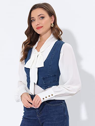 Allegra K Denim Vest for Women's Button Up Sleeveless Crop Jean Vest Waistcoat3