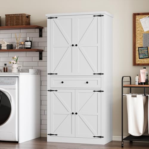 Image of BORNOON Pantry Organizers and Storage Cabinet, 67.7 inch Barn Door White Kitchen Cabinet with Drawers and Adjustable Shelf, Tall Pantry for Kitchen, Dining Room, Living Room