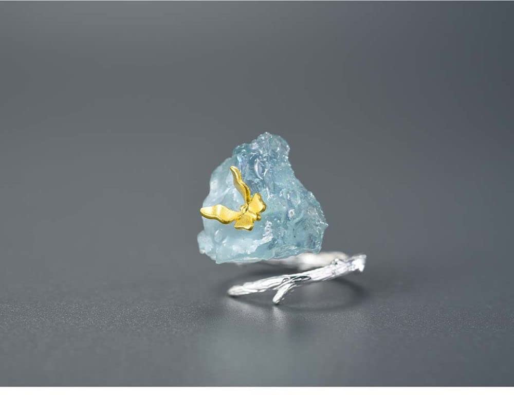 HGJH Ringe Silber, Sterling Silber Ringe Frauen 925 Aquamarin Schmetterling Golden Verstellbare Ringe Mode Elegant Temperament Verstellbare Ringe Energie Charme Schmuck Geschenke Für Männer Damen