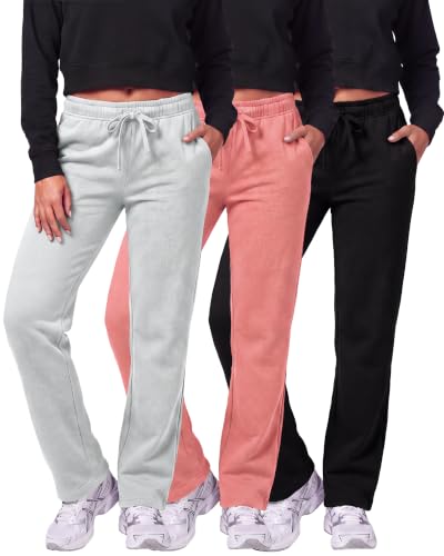 Image of Real Essentials 3 Pack: Women's Relaxed Fit Fleece Open Bottom Sweatpants - Casual Athleisure (Available in Plus)