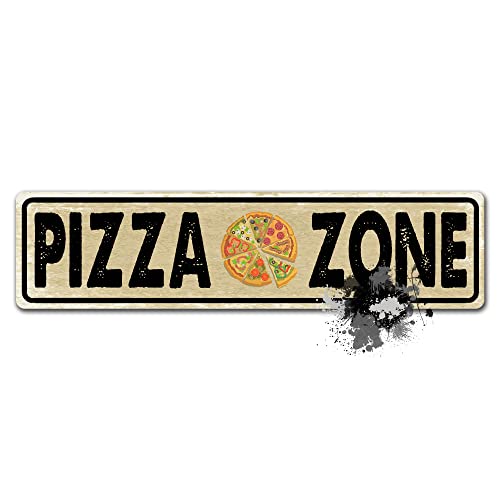 SAODOMA Vintage Metall Blechschild Pizza Zone Straßenschilder Rustikales Straßenschild Slim Wandkunst Eisen Poster für Zuhause Bauernhaus Bar Cafe Dekor 10,2 x 40,6 cm