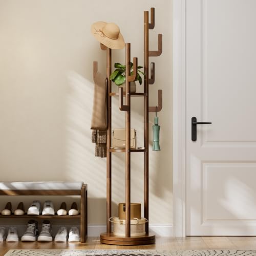 Yoobure Rotary Coat Rack Freestanding - Solid Wood Coat Tree with 9 hooks & 3 Storage Shelves for Purse Bag Jacket Hat Corner Hanger Stand Racks for Hall Entryway Office Modern Clothes Holder