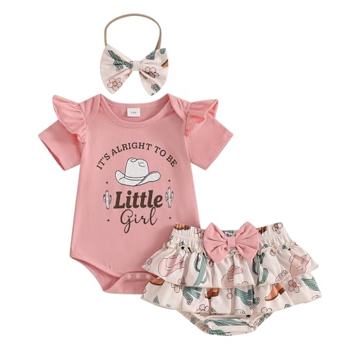 Image of Kayotuas Western Baby Girl Clothes Summer Cowgirl Outfits My First Rodeo Romper Cow Print Bloomer Shorts Headband 3 Piece Set (Pink Cowgirl, 6-12 Months)