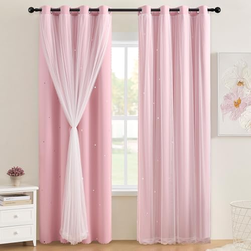 Image of XiDi Pink Blackout Curtains with Sheer Overlay Mix and Match Double Layer 80% Room Darkening Window Treatment Set for Girls Bedroom Living Room Pink Star Drapes with Tiebacks Grommet Top 34 inch Wx96 Lx2