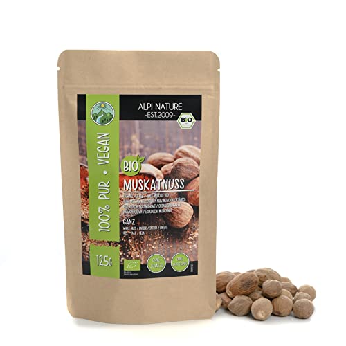Alpi Nature Muskatnuss ganz BIO 125g, Muskatnüsse ganz 20-30mm, Muskatnuss bio, Nutmeg Gewürz zum Kochen und Backen, ca. 15-30 Nüsse pro Beutel