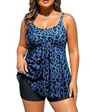 Holipick Blue Leopard Plus Size 2 Piece Swimsuit - Women Tankini Bathing Suits Flowy Swim Top with Boy Shorts