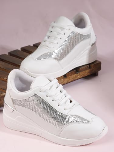 Image of Vendoz Women Wedding & Party Casual High Heel Sneakers I Cushioned Insole I Glittery & Embellished Bridal Wear I Lightweight and Stylish Shoes for Girls CNV7065