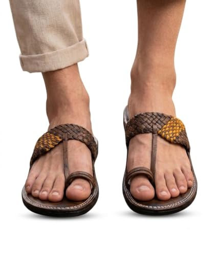 Image of Agadi Men's Kolhapuri Style Sandals | Handcrafted Woven Strap Toe Ring Chappals | Comfortable Ethnic & Casual Slip-On Footwear for Men