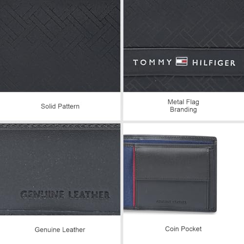 Image of Tommy Hilfiger Men's Leather Wallet Berkane | Printed Black Bi-Fold with Global Coin Pocket, 4 Card Slots | Stylish Purse for Gents