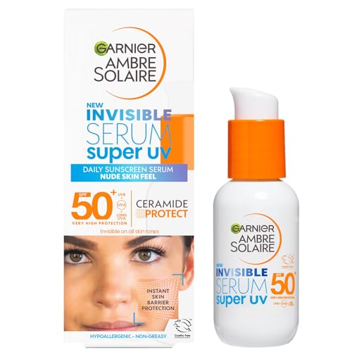 Garnier Sérum SPF 50+, protection UVA et UVB, pour tous types de peaux, avec Ceramid Protect, convient pour un usage quotidien, Ambre Solaire Invisible Super UV, 30 ml