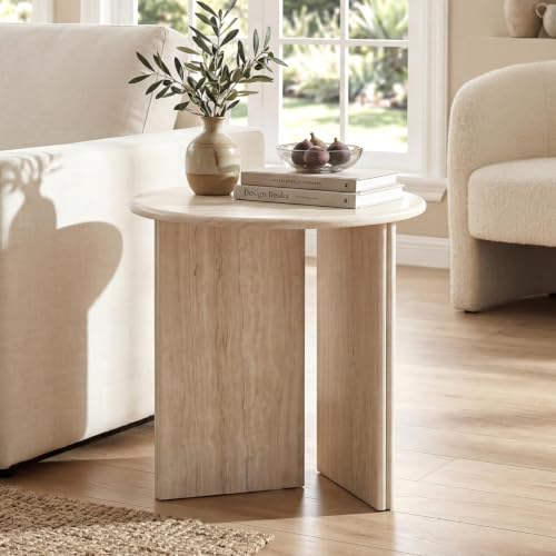 HNY Small Round Side Table Marble Veneer Wood Bedside Table 18 Modern End Table Faux Travertine Finish Accent Table for Living Room Bedroom Sofa Side Reception Room Luxury Minimalist Beige