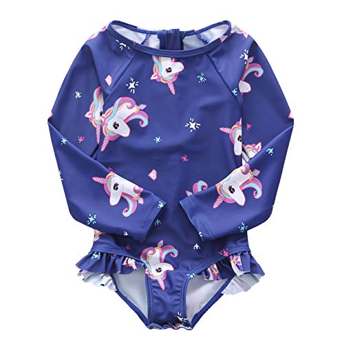 Yoille Baby Girls Long Sleeve Rash Guard Swimshirt One Piece Swimsuits for Kids Unicorm Bathing Suits 24 Months Navy