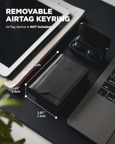 Image of VULKIT Airtag Wallet with Keyring Mens Pop up Credit Card Wallet with Air Tag Holder Trifold ID Window RFID Blocking, Top Grain Cowhide Black, Minimalist