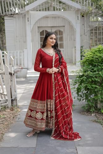 Image of Qutenza Women Festive Special Embrodary Work Gown with Duppta Set