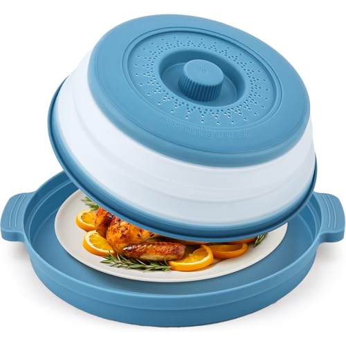 Image of Microwave Cover for Food & Anti-scald Base,Large Collapsible Microwave Splatter Cover,Plastic & Silicone Vented Guard Lid for Meal, Plate Holder & Kitchen Colander(Blue)