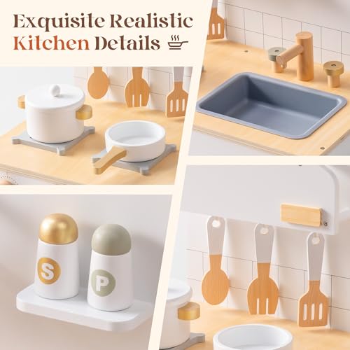 ROBOTIME Wooden Play Kitchen for Kids, White Kids Kitchen Playset with Pizza Oven, Cutting Pizza, Cookware & Accessories, Pretend Play Kitchen Toy for Toddlers Ages 3+ - Image 8