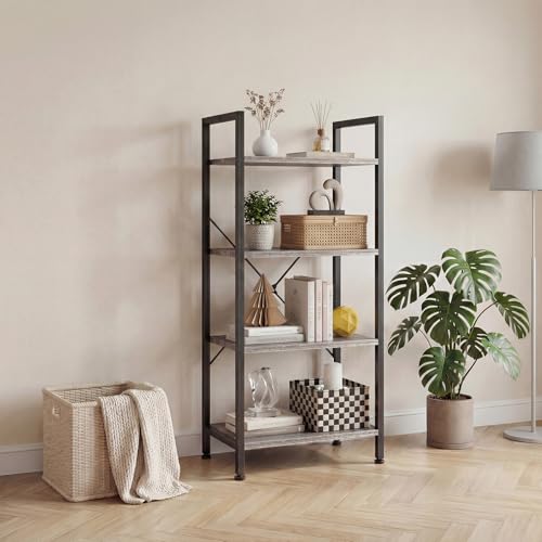 Image of DUMOS 4 Tiers Open Bookshelf, Classic Freestanding Tall Display Shelf, Multifunctional Storage Organizer Rack for Living Room Home Office, Sturdy Bookcase for Books /Movies, Wood Grey