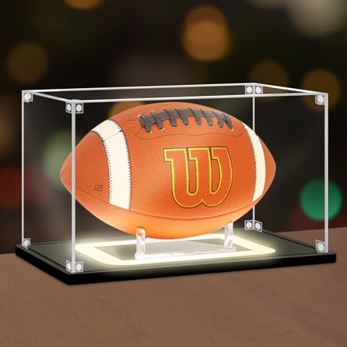 Nonemey Fútbol Vitrina con luz, UV Protegido acrílico fútbol Caja con Base Base Negra, Vitrina para Recuerdos Deportivos autografiados fútbol Regalos, 32x19x19 cm